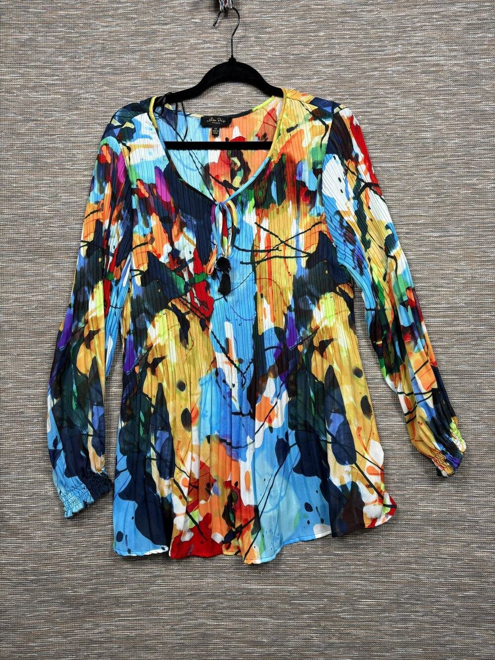 Melissa Paige Blouse Womens 1X Multicolor Abstract Pleated Beaded Tunic Top